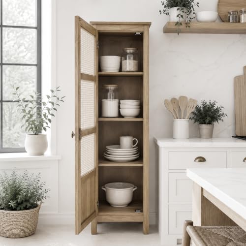 Image of The Attic Crestwood 1 Door Kitchen Cabinet, Multipurpose Cabinet for Bedroom Living Room Study bar, Solid Wood Bookshelf Kitchen Cabinet, Light Teak Matte Finish Cane