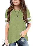 Batermoon Girl's Striped Short Sleeve T Shirts Crewneck Loose Fit Tunic Tops Summer Casual Blouses Green