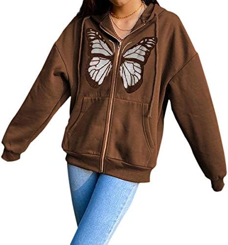 Meladyan Women’s Oversized Rhinestone Graphic Full Zip Kangaroo Pockets Fleece Hoodies Sweatshirts Pullover Jackets 90s Brown