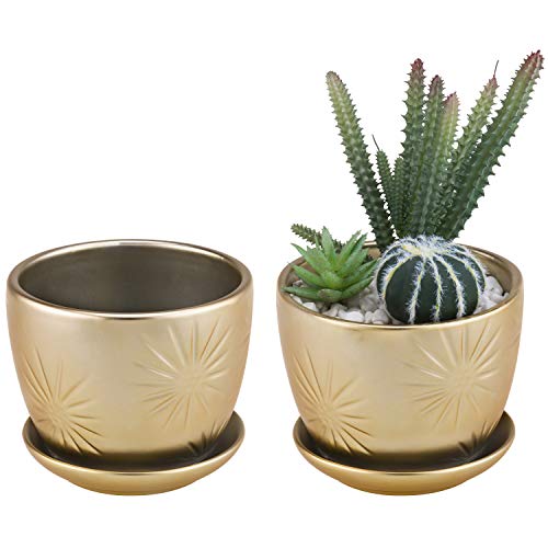 Mygift Brass Ceramic Indoor Plant Pot With Drainage Hole And Decorative Sunburst Design, 5 Inch Round Succulent Planters With Attached Saucers, Set Of 2 #TOP3