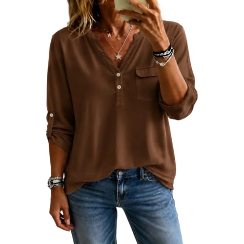 Blouses for Women Long Sleeve V Neck Henley Shirt Dressy