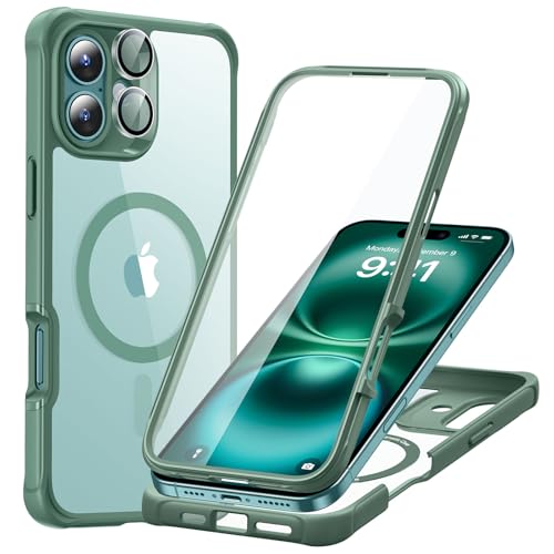 Image of ESR for iPhone 16 Plus Case, Compatible with MagSafe, Full-Body Military-Grade Drop Proof Case with Built-in 9H+ Tempered Glass Screen Protector, Armor Series, Clear Green