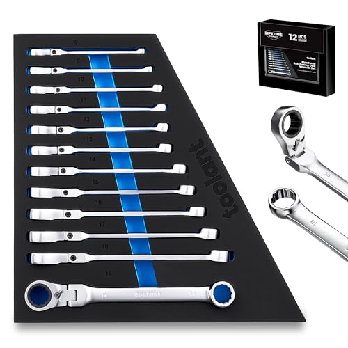 Image of toolant 12pcs Ratcheting Wrench Set, Reversible Flex Head & Offset Head Double Box-End Ratcheting Wrench Set, 8-19mm Metric Set, 90-Teeth and 4 Swing, with Storage Tray