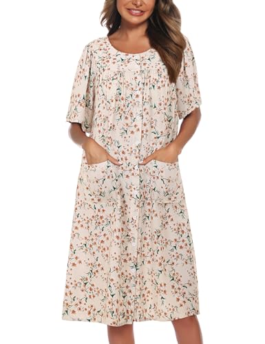 Image of COSUNIONY House Dresses for Women Cotton Short Sleeve House Coat Buttons Down Dusters Robe with Pockets S-XXL