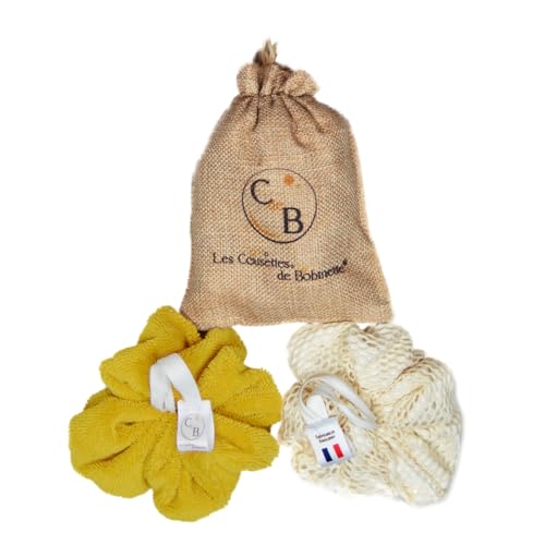 C de B Les cousettes de Bobinette - Lot de 2 fleurs de douche éponge de bain éponge pour le corps extra douce bambou et exfoliante coton bio durable (Exfoliante Jaune curcuma)