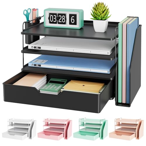 Kitsure Desk Organizer - 4-Tier Office Desk Accessories with Drawer ＆ Pen Holder, Tool-Free Assembly Organizer with Non-Slip Pads, for Office Supplies Storage, Plastic, 13.3" x 8.0" x 10.8", Black
