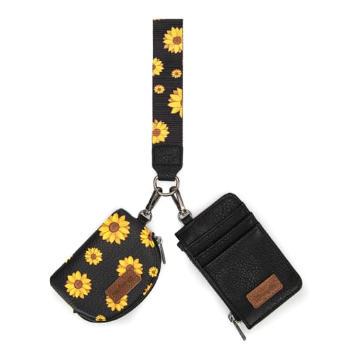 Image of Wrangler KeyChain Wristlet Wallets for Women Sunflower Floral Dual Pouch Wristlet Western Credit Card Holder Wallet with Zipper Pocket