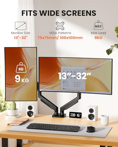 ErGear Monitor Halterung 2 Monitore, voll verstellbare Monitor Halterung für 13-32″, schnell installierter Dual Monitor Arm mit werkzeugloser VESA-Montage, maximale Belastung von 9kg (Schwarz)
