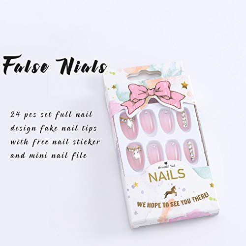 Evazen Oval Rhinestone False Nails Nude Pink Short Fake Nails Ballerina Natural Acrylic Artificial Press On Nails Daily For Women (Pack Of 24) #TOP4