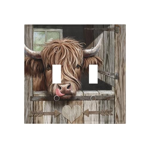 ukutarly Farmhouse Highland Cow Light Switch Cover 2 Gang Double Toggle Rustic Country Decorative Wall Plate Switchplate Receptacle Lightswitch Faceplate for Bathroom Bedroom Kitchen