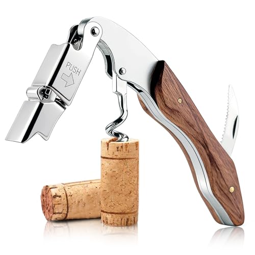 Sacacorchos de camarero fabricado en acero inoxidable - Sacacorchos Profesional Abrebotellas Vino con Cuchilla y Mango de Madera Abridor de Vino 3en1