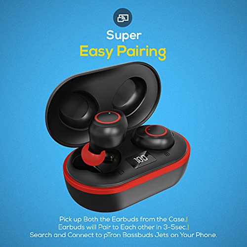 Image of pTron Bassbuds Jets True Wireless Bluetooth 5.0 Headphones with Deep Bass, Touch Control Earbuds, IPX4 Sweat /Splash Resistant, Voice Assistant, Built-in Mic & Digital Display Case - (Black & Red)