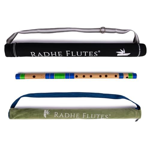 Radhe Flutes | PROFESSIONAL Bamboo Bansuri | C Natural | Right Handed | Middle Octave | With Hard Cover | Velvet Cover & Paper Tube | Blue & Green