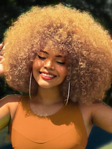 GKtineke Afro Wig 14Inch Afro Wigs for Black Women Blonde 70s Afro Kinky Curly Wig Bouncy Huge Fluffy Puff Wigs Synthetic Hair for Cosplay Daily and Party (Blonde)