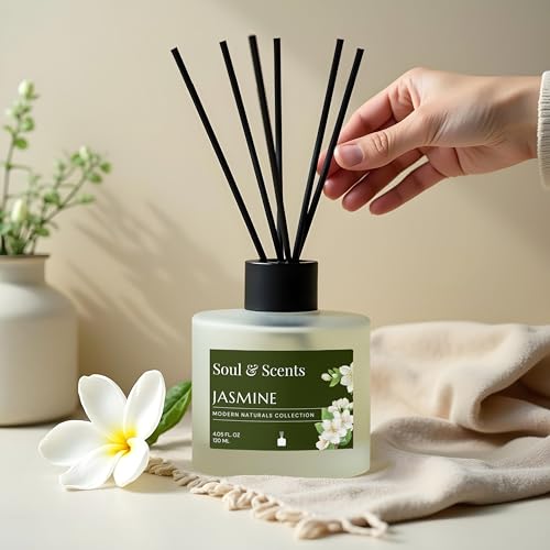 Image of Soul & Scents Jasmine Reed Diffuser Set - 120ml with Free 6 Fiber Reed Sticks Each | Toxin Free & Stress Relief | Long Lasting | Smoke Less Room Freshener for Home, Bedroom & Office | Pack of 2
