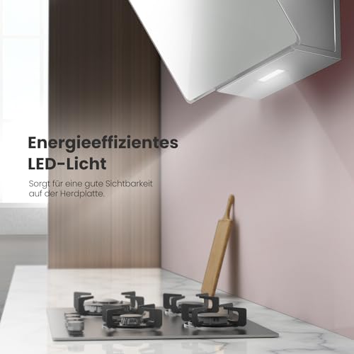 COMFEE’ A+ Dunstabzugshaube 60cm CHK 3.6J64A1W Wandhaube aus gehärtetem Glas und Edelstahl mit Touchscreen, LED und Umluft- und Kanalsystem Wandmontierte Dunstabzugshaube, Weiß
