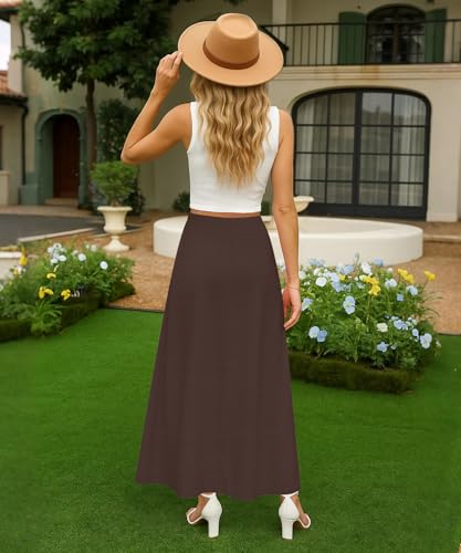 NILOUFO Maxi Skirts for Women High Waisted with Pockets Drawstring Brown — view 3