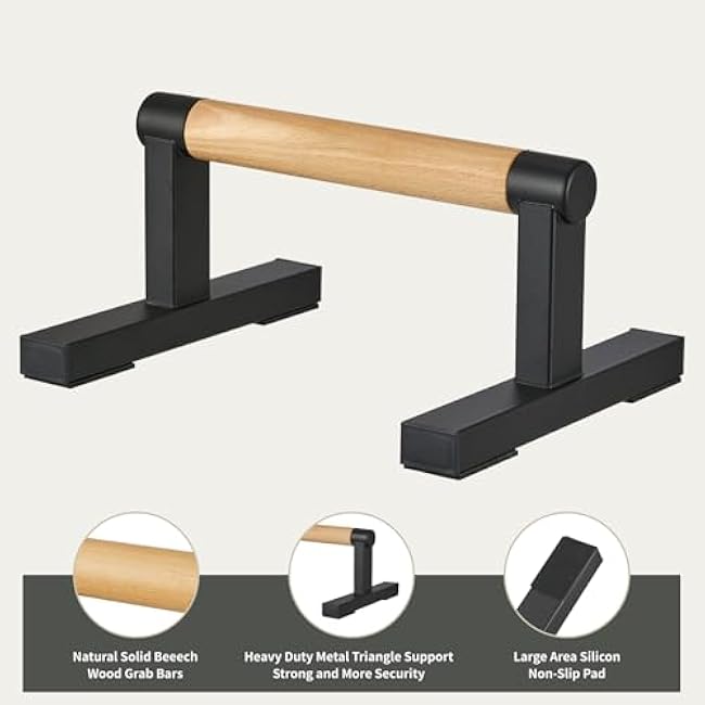 1 Pair Wooden Parallettes Push Up Bars for Men, Strength Training Pushup Stands Handles for Home Calisthenics, Fitness, Floor Workouts Solid Wood with White Metal Bracket - Support 500 lbs
