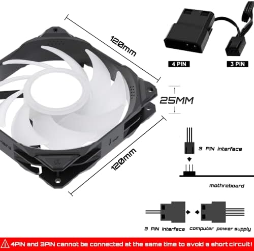 upHere 120mm fan with Mirror Blue LED,Black Frame High AIrflow Case Cooling Fan,3PIN Low Noise Computer Fan for PC cooling,UA01BE3-3