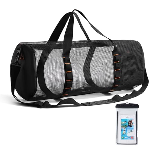 Klmnop Large Mesh Dive Bag, Scuba Gear Bag Duffle Dive Case with Waterproof Phone Pouch and Adjustable Shoulder Strap for Diving Equipment Snorkeling Gear(Black)