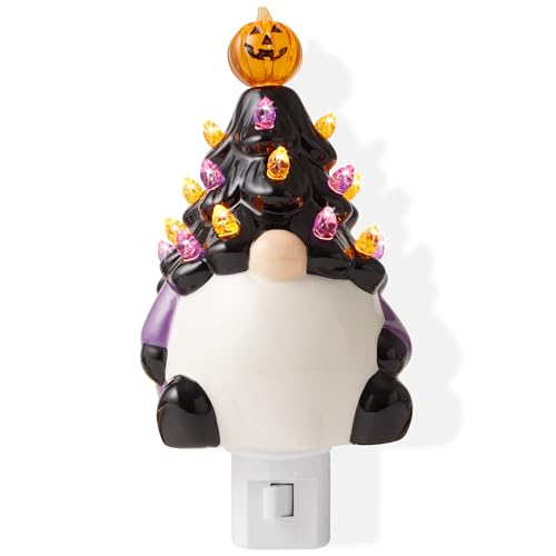 Casafield Ceramic Halloween Gnome Night Light - Black Tree Gnome Plug-in Vintage Halloween Decorative Night Light with 15 Bulbs and Star Topper