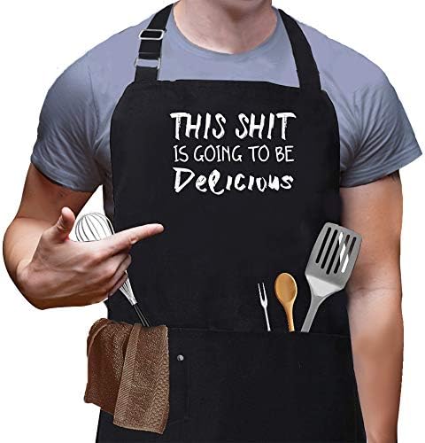 Skull Chef This is Going to Be Delicious Aprons, Funny Black BBQ Chef Aprons for Men Women with 3 Pockets, Cute Gardening Grill Kitchen Cooking Apron for Birthday/christmas/thanksgiving for Family