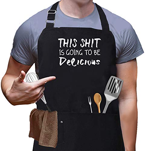 Skull Chef This Is Going To Be Delicious Aprons, Funny Black Bbq Chef Aprons For Men Women With 3 Pockets, Cute Gardening Grill Kitchen Cooking Apron For Birthday/Christmas/Thanksgiving For Family #TOP2