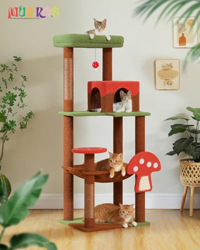 Image of MUTTROS Mushroom Cat Tree Tower with Removable Scratcher, Large Hammock, Condo, Perch, 3 Sisal Posts - Multi-Level Cat Tree for Indoor Cats, Cute Cat Tower for Small Space Homes
