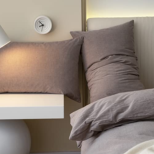 Jiyuan 100% Washed Cotton Duvet Cover Set Comfy Simple Style Solid Color Soft Breathable Textured Durable Linen Feel Bedding Sets For All Seasons Queen Size, Mauve Brown #TOP7