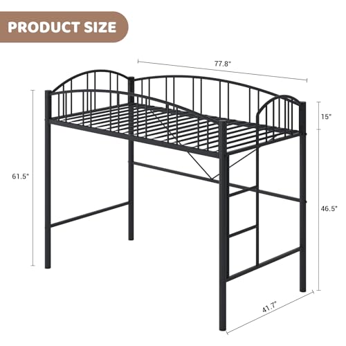 Garvee Loft Bed Twin Size with Ladde and Arched Guardrail, Heavy Duty Metal Loft Bed Frame for Kids and Adults, Sturdy Steel Slats Support, Small Space Saving Design, No Box Spring Needed, Black