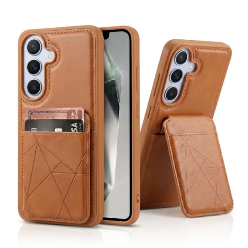 Image of amazon basics Premium Vegan Leather Back Cover with Card Holder and Integrated Mobile Stand for Samsung Galaxy S26 5G - Slim Shockproof Wallet Case with Geometric Stitching [Tan]