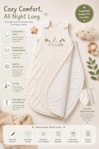 Image of TuddyBuddy Baby Cotton Wearable Quilted Sleeping Bag Blanket 1.5 Tog with 1 Way Zipper Closure | Ideal for Babies & Kids Hypoallergenic Fabrics | (Little & Loved - White, 0-6 Months)