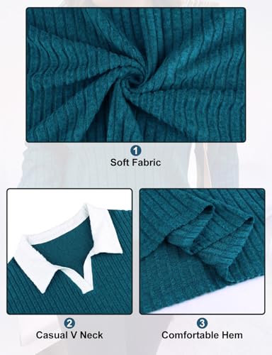Image of Koscacy Women Plus Size Casual Knit Sweater Lapel V Neck Solid Color Tops Lightweight Long Sleeve Blouses