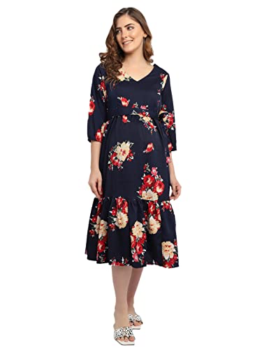 Image of Women's Crepe Maternity Midi Dress /Floral Print Pregnancy Dress /Easy Breast Feeding /Breastfeeding Dress /Western Dress with Zippers for Nursing Pre and Post Pregnancy