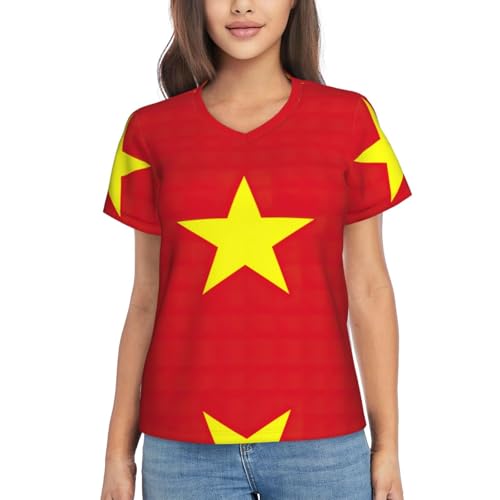 T-shirt sport col en V drapeau Vietnam femme anti-frottement