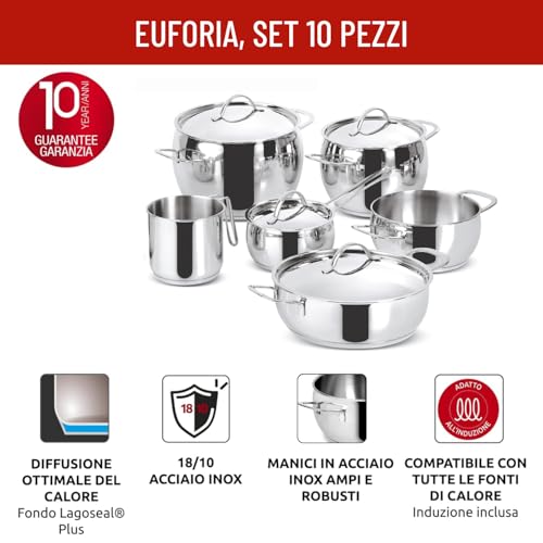 Lagostina Euforia Set Di Pentole Induzione, Gas E Forno In Acciaio Inox 18/10, 10 Pezzi, Fondo Lagoseal Plus, Batteria Di Pentole Con 3 Casseruole, 2 Pentole, Bollilatte, 4 Coperchi - 2