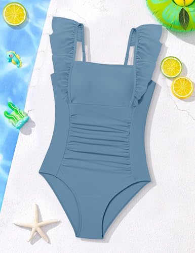Image of NECIOUS Girls Swimsuit Ruffle Adjustable Straps One Piece Bathing Suit Solid Color Ruched Girls' Swimwear 9-16Y