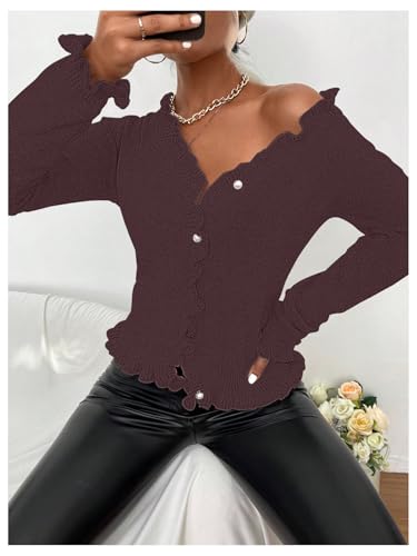 Image of Verdusa Women's Ruffle Trim V Neck Button Down Long Sleeve Knit Cardigan Sweater