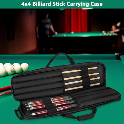 Rexmica 4x4 Billard Queue Tasche Rucksack für bis zu 2 Unterteile und 2 Schäfte, Billiardstock Tasche mit verdeckbaren Schultergurten, Tragetasche für Billardqueues mit Zubehörtaschen, Schwarz