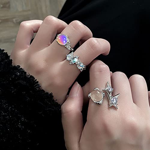 Kurtcb Carnelian Rings Set Y2K Moonstone Ring Irregular Agate Opal Irregular Opening Adjustable Stackable Rings For Women Downtown Girls (Silver) #TOP3