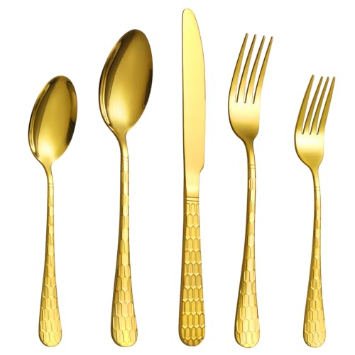 40 Pcs Gold Silverware Set for 8 with Water Cube Handle design, Food Grade Stainless Steel Flatware Set, Eating Utensils Sets Include Fork/Knife/Spoon, Reusable Cutlery Set, Dishwasher Safe