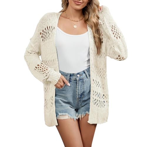 Zando Womens Crochet Cardigan Sweater Knitted Long Sleeve Open Front Lightweight Cardigan Outer Coats Spring Netted Kimono