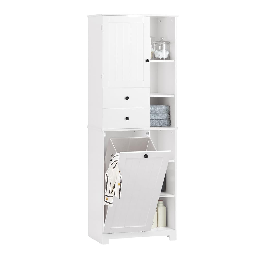 SoBuy Mueble Baño con Cesto para Ropa Sucia Armario Baño Columna Estrecho Alto Mueble Auxiliar con 6 Estantes y 2 CajonesBlanco 60x37x171 cm BZR104-​W