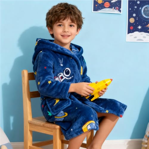 Image of Boys Girls Bathrobes,Toddler Boy Girl Robes,Children's Plush Soft Coral Fleece Hooded Pajamas Sleepwear for Kids