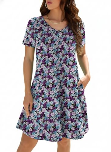 Image of KORSIS Dresses for Women Casual T-Shirt Summer Short Sleeve Loose Comfy Dress Swing Flowy Beach Vacation Sundress with Pocket