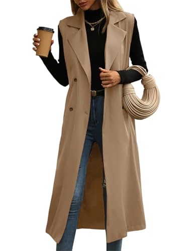 IDEALSANXUN Long Vest for Women Sleeveless Blazer Trench Coat 2025 Spring Fall Jackets Business Casual Outfits Office Work Vest Tops Dressy Waistcoat Outerwear, Dark Khaki, XL
