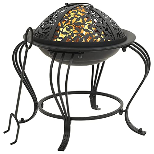 DlandHome Braséro Exterieur pour Jardin Terrasses Camping Feu en Acier Foyer avec Couvercle et Tisonnier 49 cm Poêle Chauffant Noir Cover
