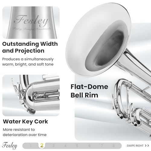 Fesley Bb Standard Trumpet Set: Brass Trumpets for Beginner Student, Brass Trumpet Instrument with 7C Mouthpiece, Hard Case, Cleaning Kit (Nickel)