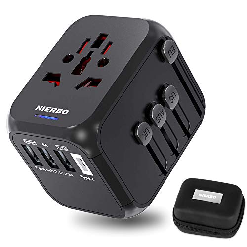 NIERBO Travel Adapter,International Power Adapter with USB C Ports,Universal Europe Plug Charger- Worldwide All in One AC Plug Socket(Auto-Resetting Fuse)