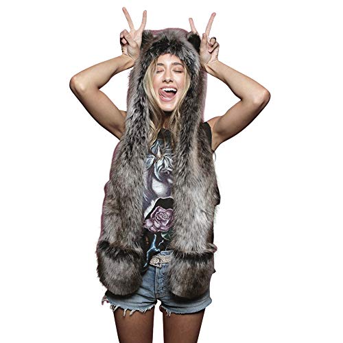 MISSMAO_FASHION2019 Damen Mütze Winter Warm Kapuzenschal Handschuhe Plüsch Tiere Bär Panda Wolf Paws Ohren Fellmütze Winddicht Farbe 9 Einheitsgröße Cover